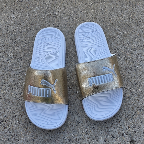 Puma Gold and White Slides Women Size 10 - Picture 1 of 9